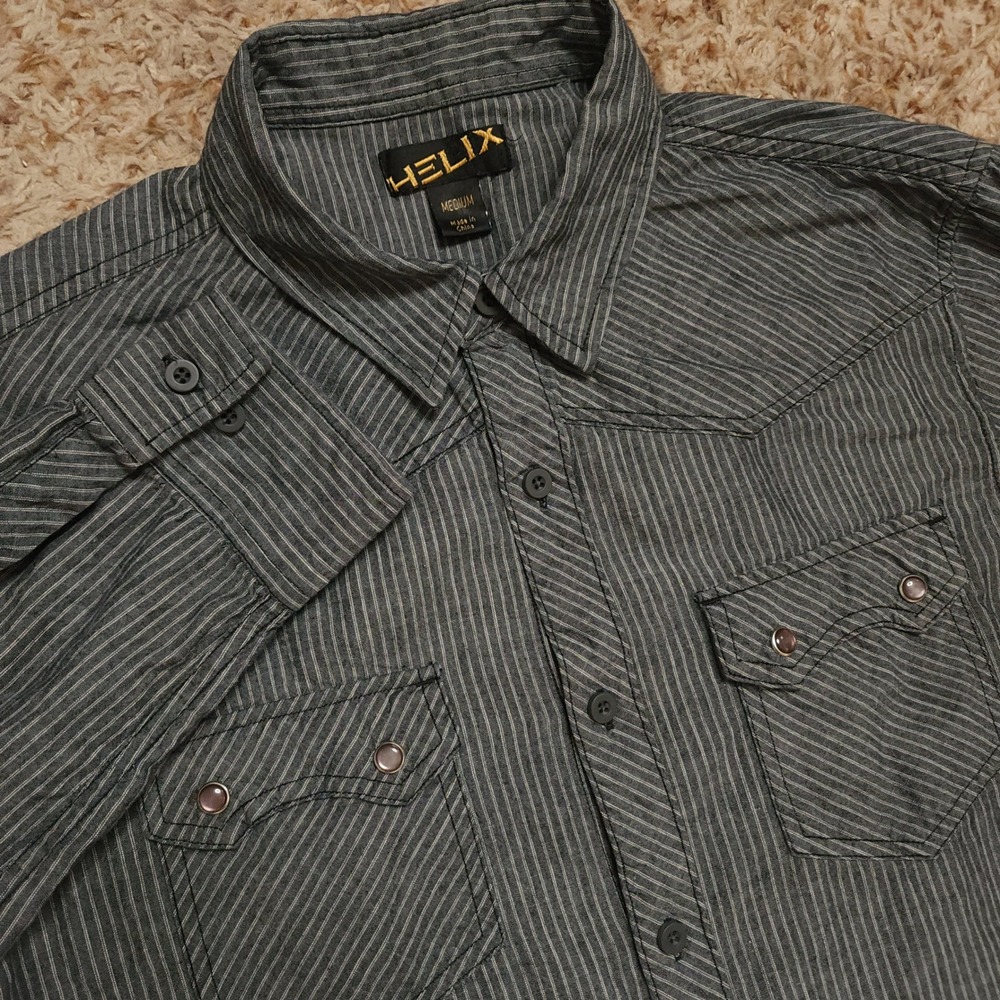Helix Button Down Shirt Mens Medium Grey Pinstripe Western‎ Snap Pocket L/S